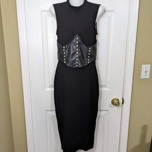 Capsulle Black Sleeveless Faux Leather & Rhinestones Belt Ribbed Midi Dress - L